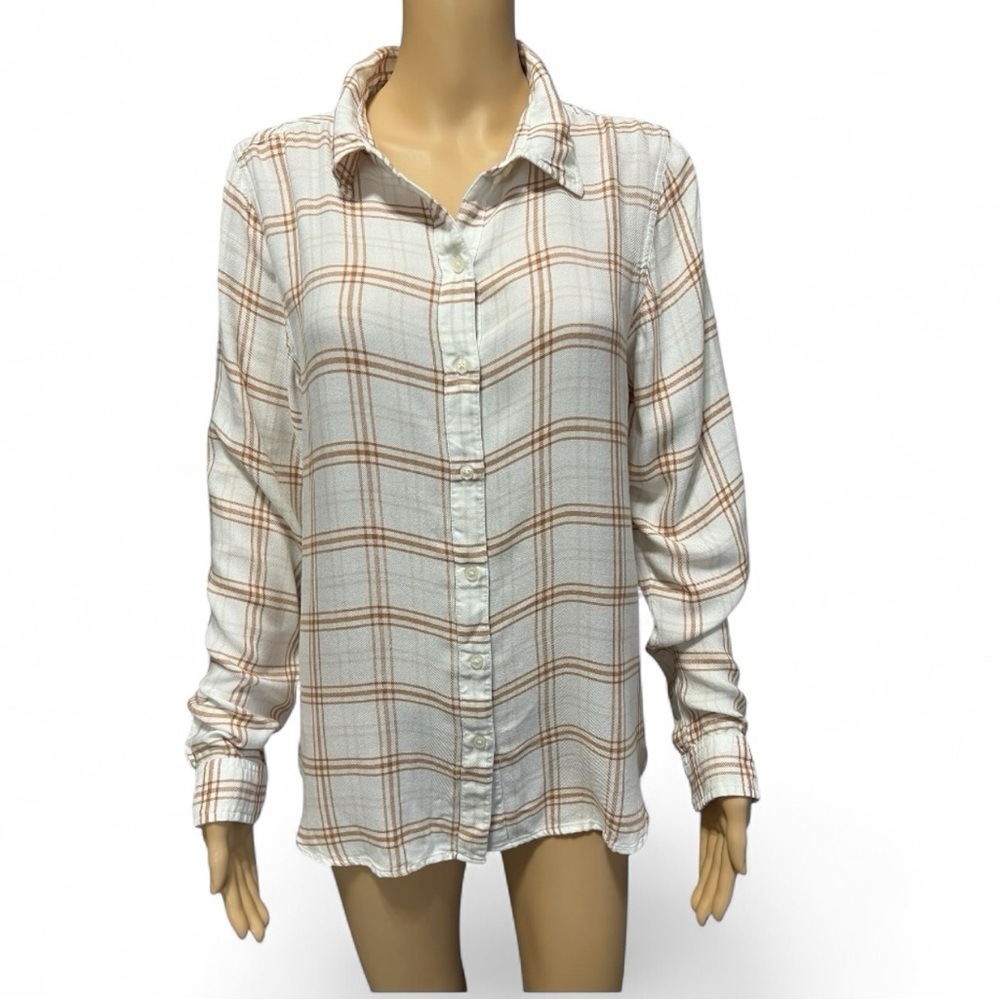 Lucky Brand Long Sleeve Button Down Cream and Brown Plaid Shirt Size M